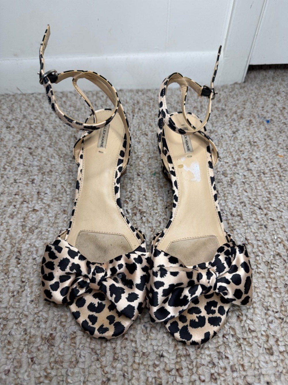 Alex Marie Leopard Bow Ankle-Strap Heels in Beige and Black 10M